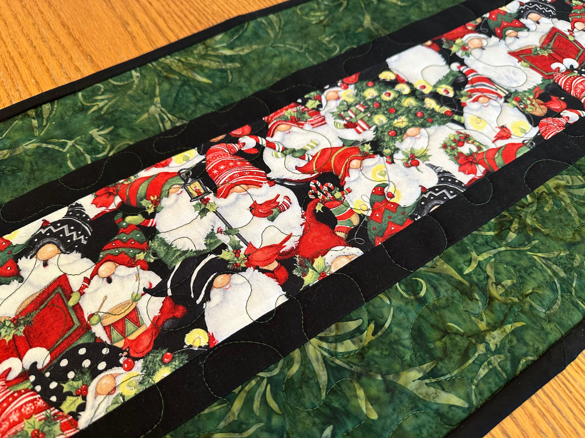 Christmas Gnomes Quilted Table Runner, Handmade Holiday Table Decor, 13x41