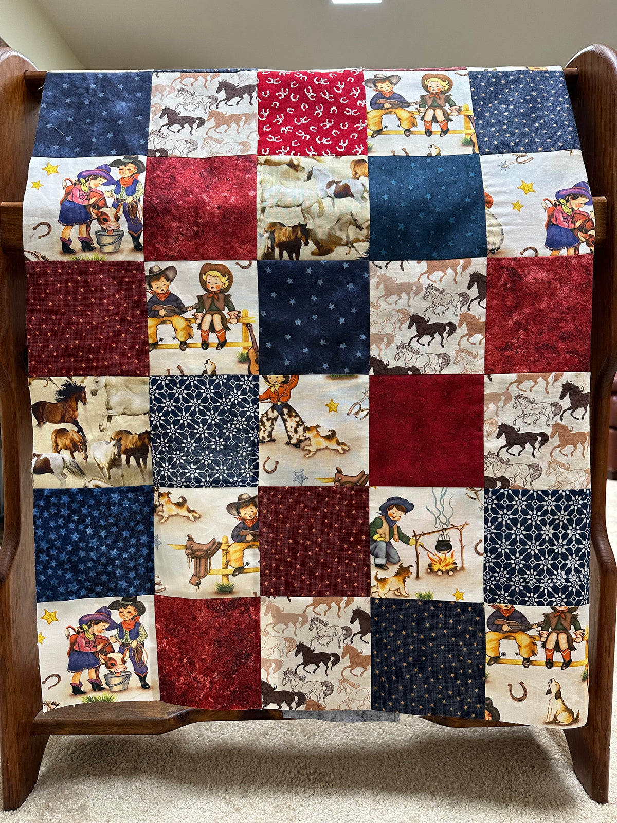 Handmade Unfinished Quilt Top, Baby Boy, Western, Lil Cowboy, Bandanas, 36"x45"