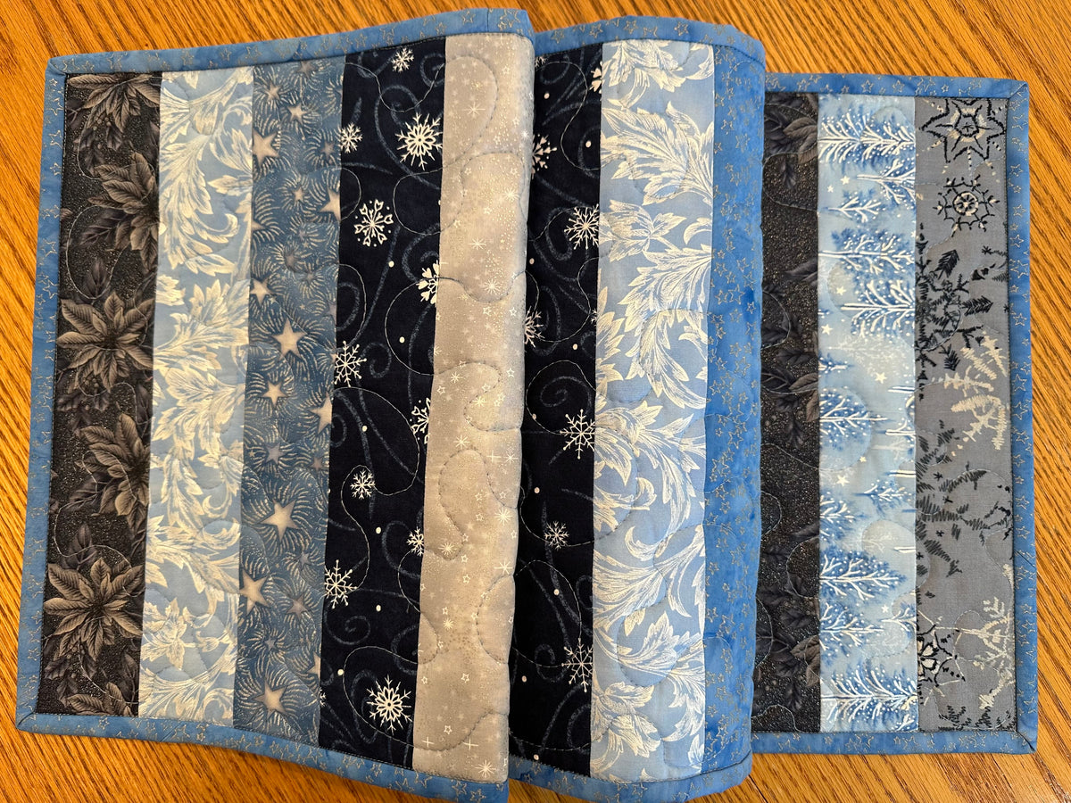 Blue Silver Snowflakes Winter Table Runner Quilted 13x40", Hanukkah Christmas