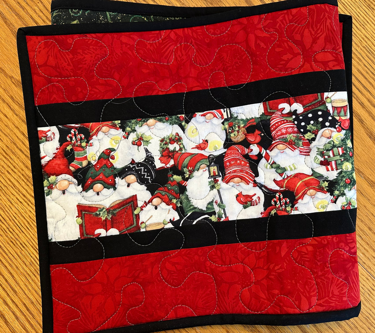 Christmas Gnomes Quilted Table Runner, Handmade Holiday Table Decor, 13x41