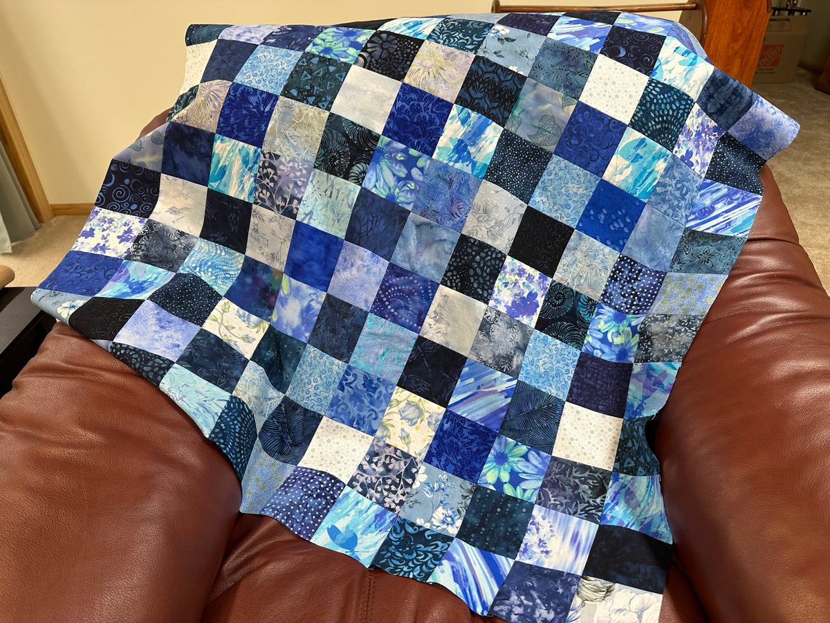 Handmade Blue Batik Unfinished Quilt Top, 36"x44", Lap Crib Throw Quilt Size