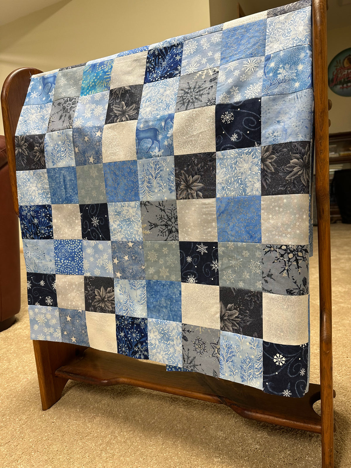 Handmade Christmas Unfinished Quilt Top – Blue, Silver, & White – 36" x 45"