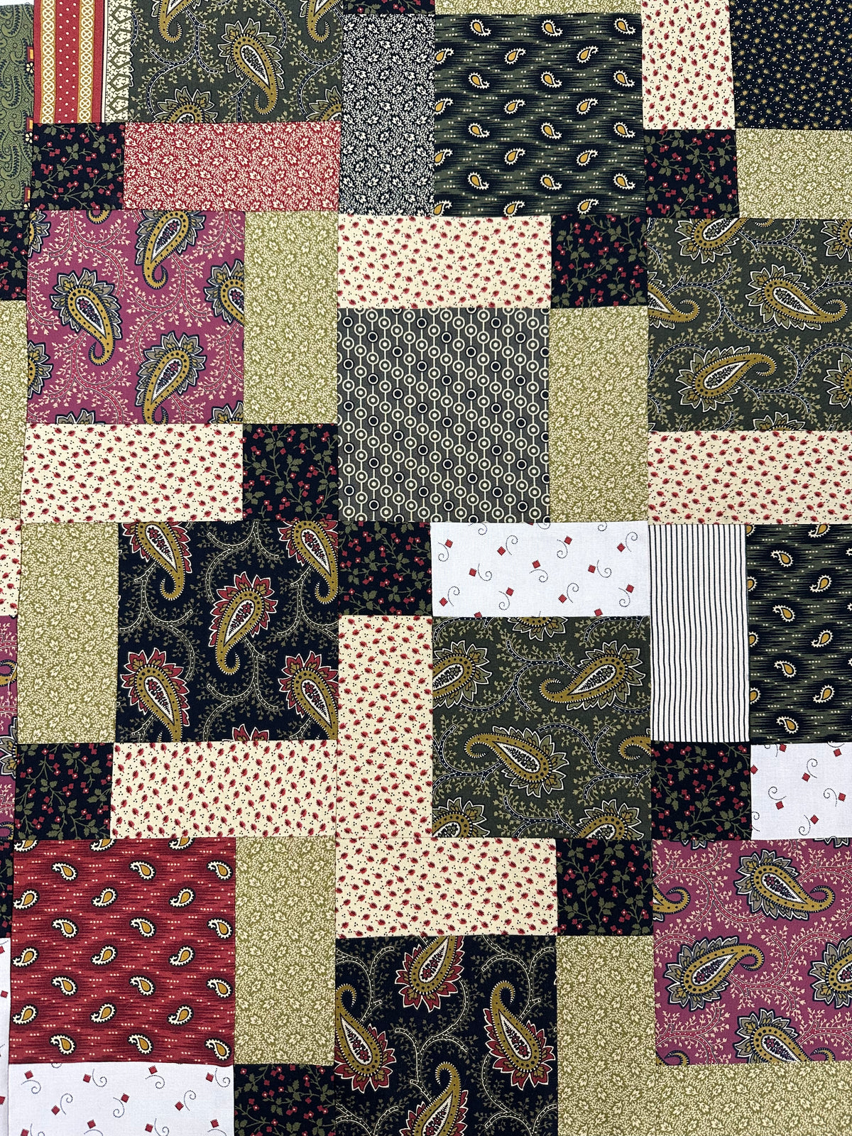 Handmade Unfinished Quilt Top, Reproduction Fabric, Green Red, 45"x58" Lap Throw