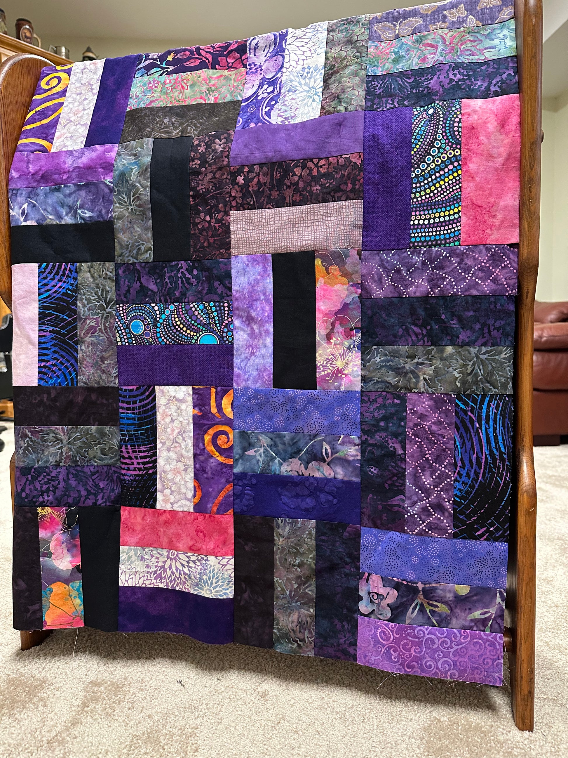 Handmade Purple & Pink Batik Quilt Top – 48"x60" Lap Throw Wall Quilt