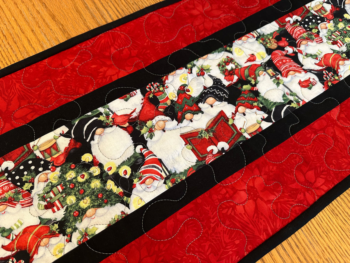 Christmas Gnomes Quilted Table Runner, Handmade Holiday Table Decor, 13x41