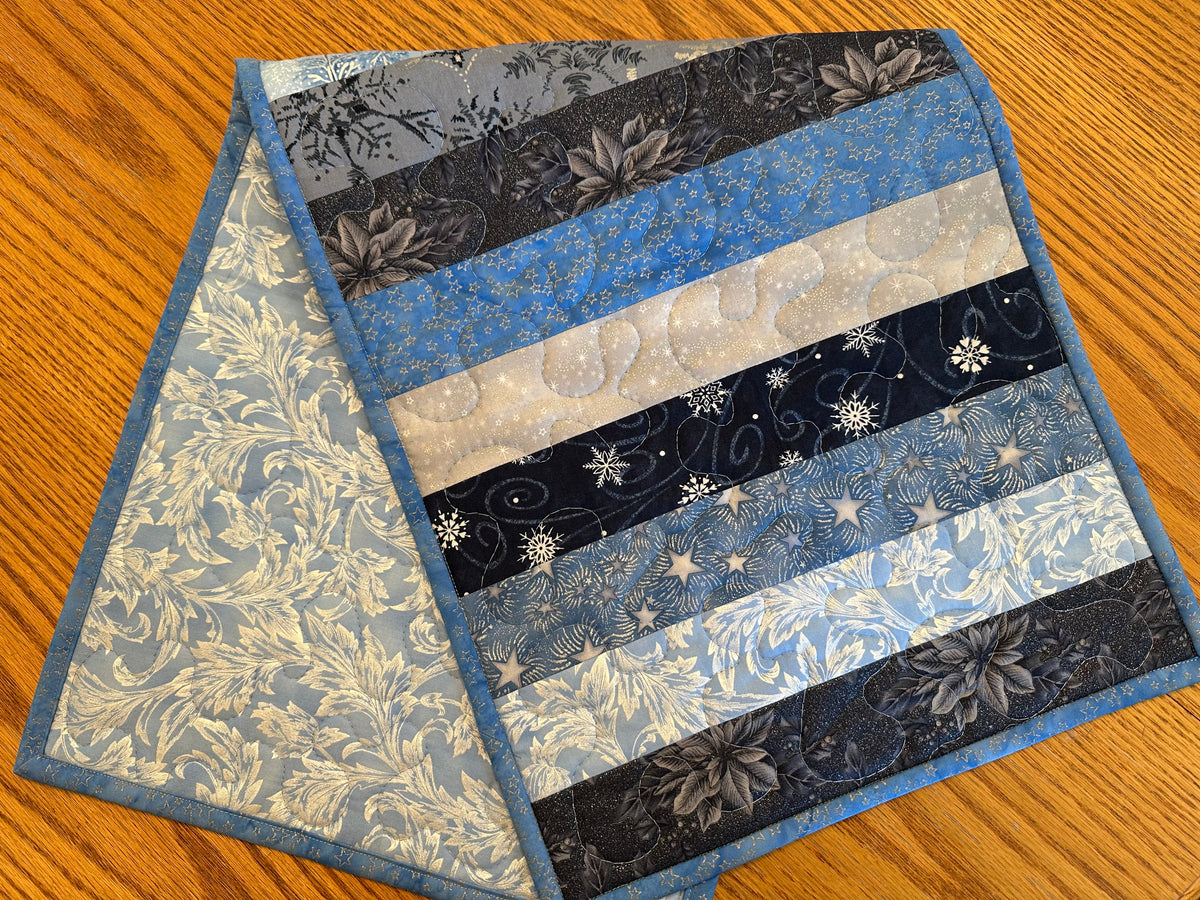 Blue Silver Snowflakes Winter Table Runner Quilted 13x32", Hanukkah Christmas