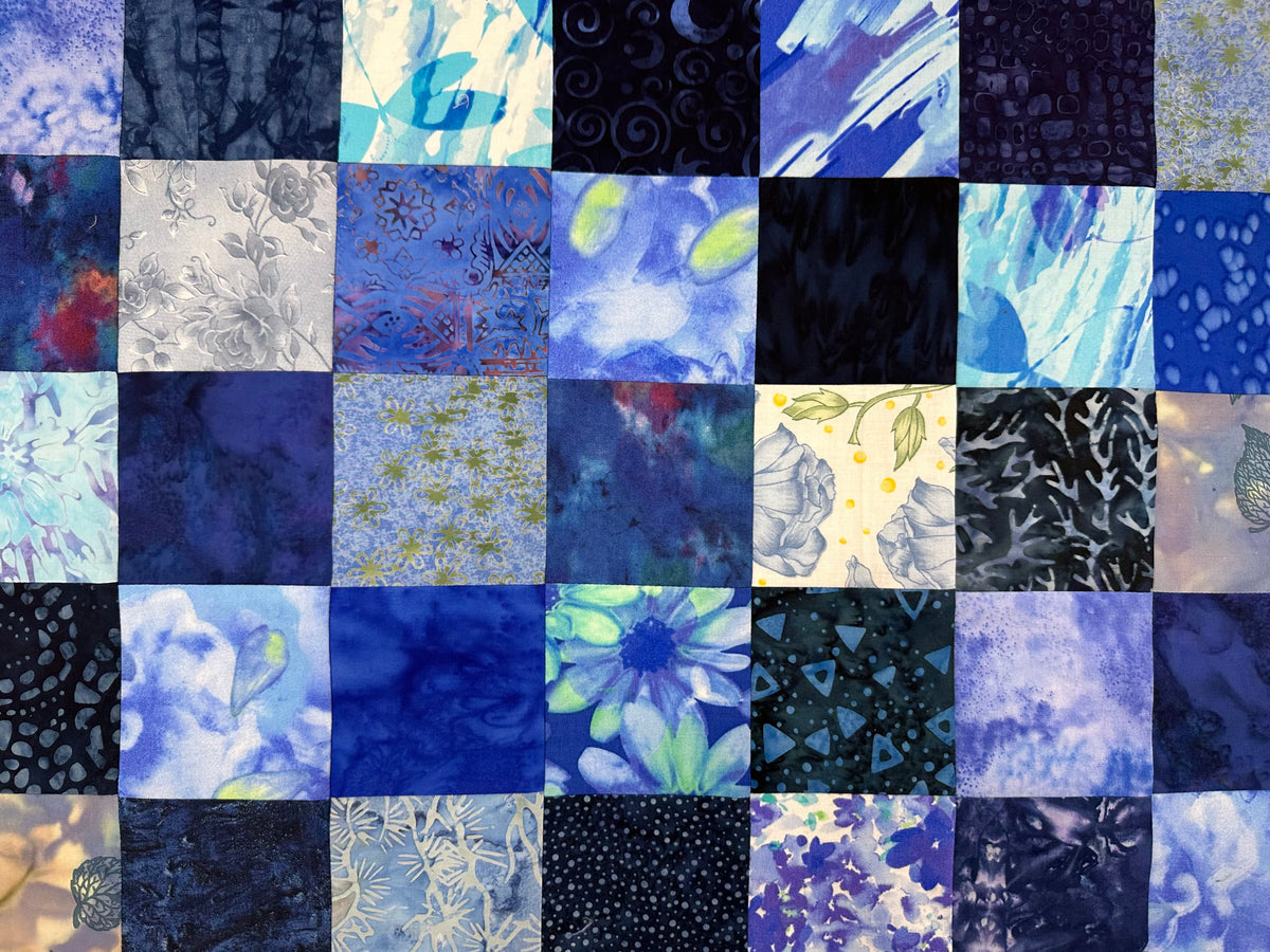 Handmade Blue Batik Unfinished Quilt Top, 36"x44", Lap Crib Throw Quilt Size
