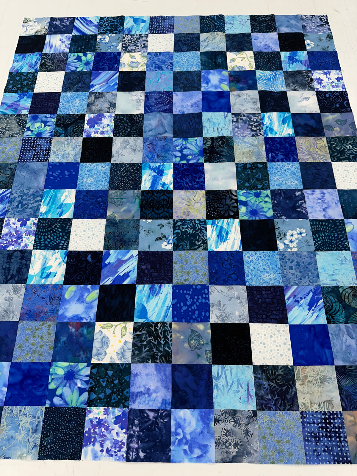 Handmade Blue Batik Unfinished Quilt Top, 36"x44", Lap Crib Throw Quilt Size