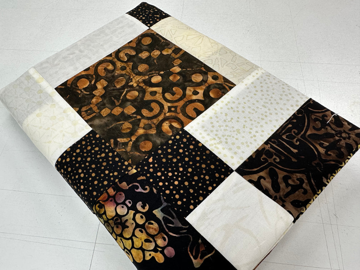 Handmade Batik Unfinished Quilt Top, Black, Brown, & Beige, 45" x 58", Lap Size
