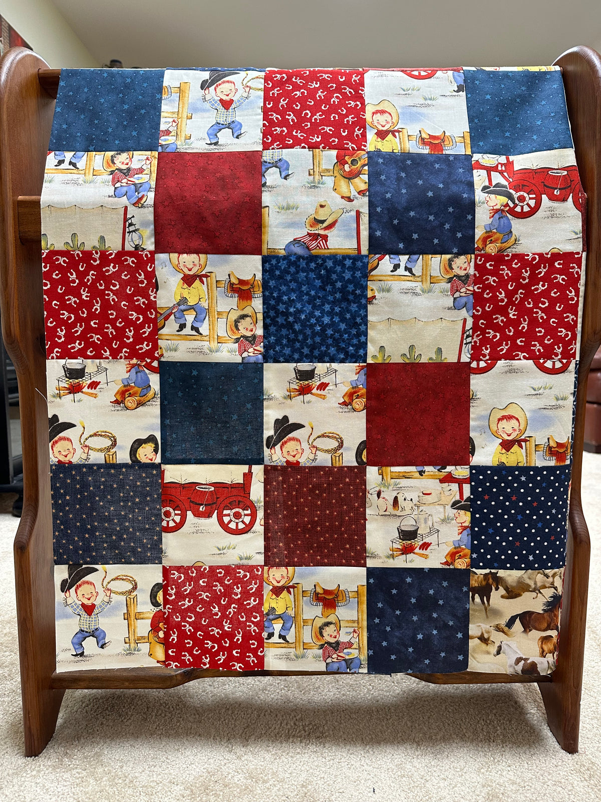 Handmade Unfinished Quilt Top, Baby Boy, Western, Lil Cowboy, Bandanas, 36"x45"