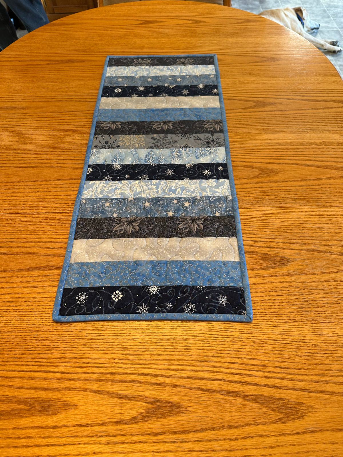 Blue Silver Snowflakes Winter Table Runner Quilted 13x32", Hanukkah Christmas