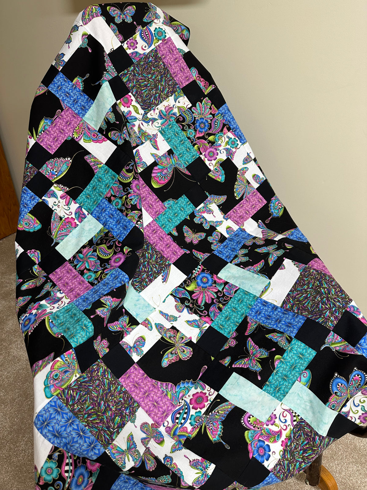 Handmade Floral Unfinished Quilt Top: Butterflies, Lap Quilt (45" x 58")