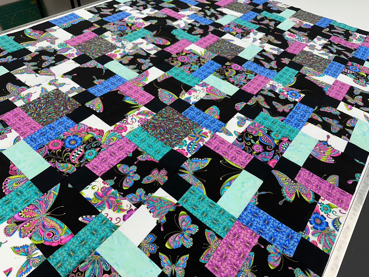 Handmade Floral Unfinished Quilt Top: Butterflies, Lap Quilt (45" x 58")