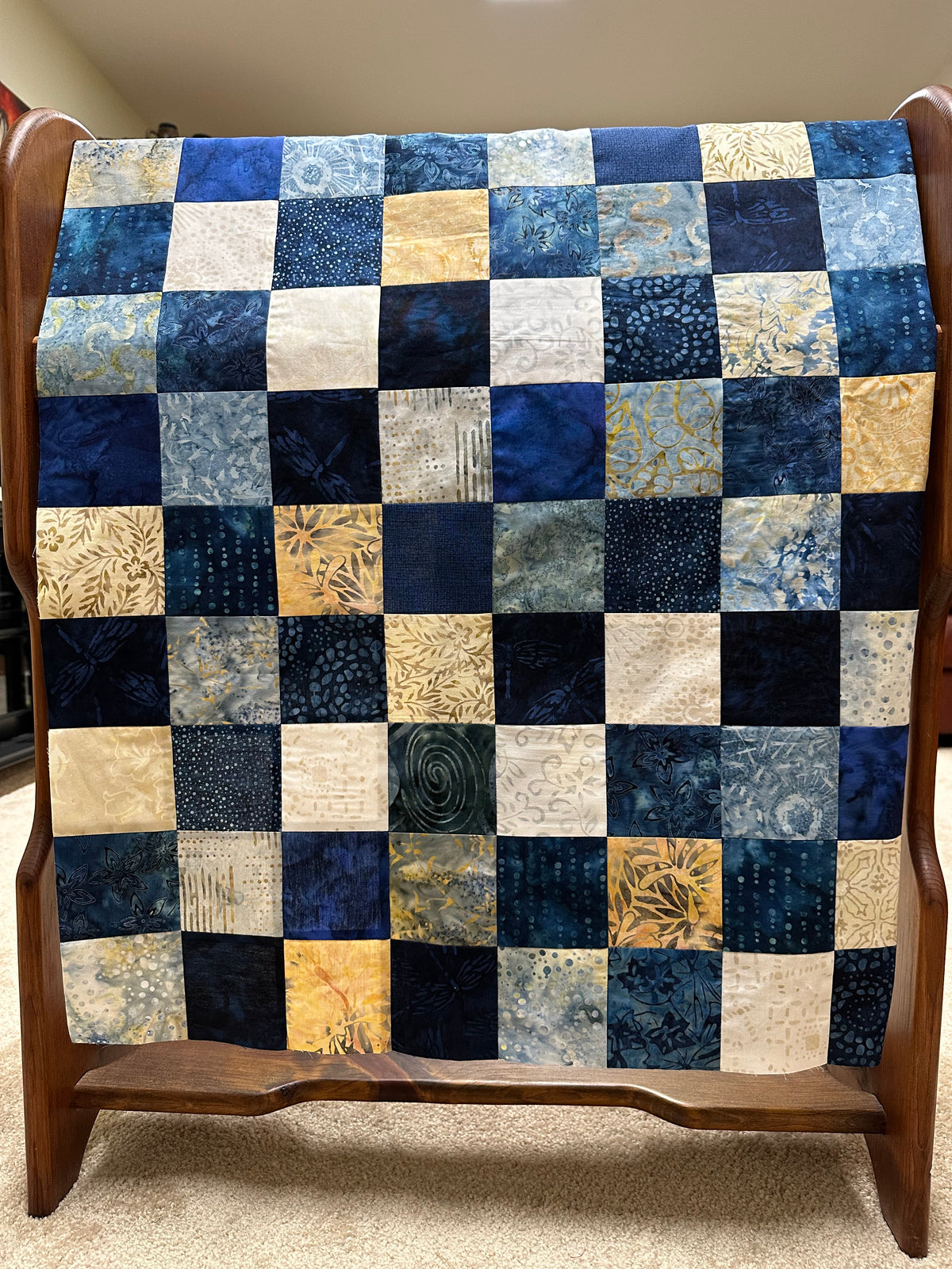 Handmade Blue Batik Unfinished Quilt Top, 36"x44", Lap Crib Throw Quilt Size