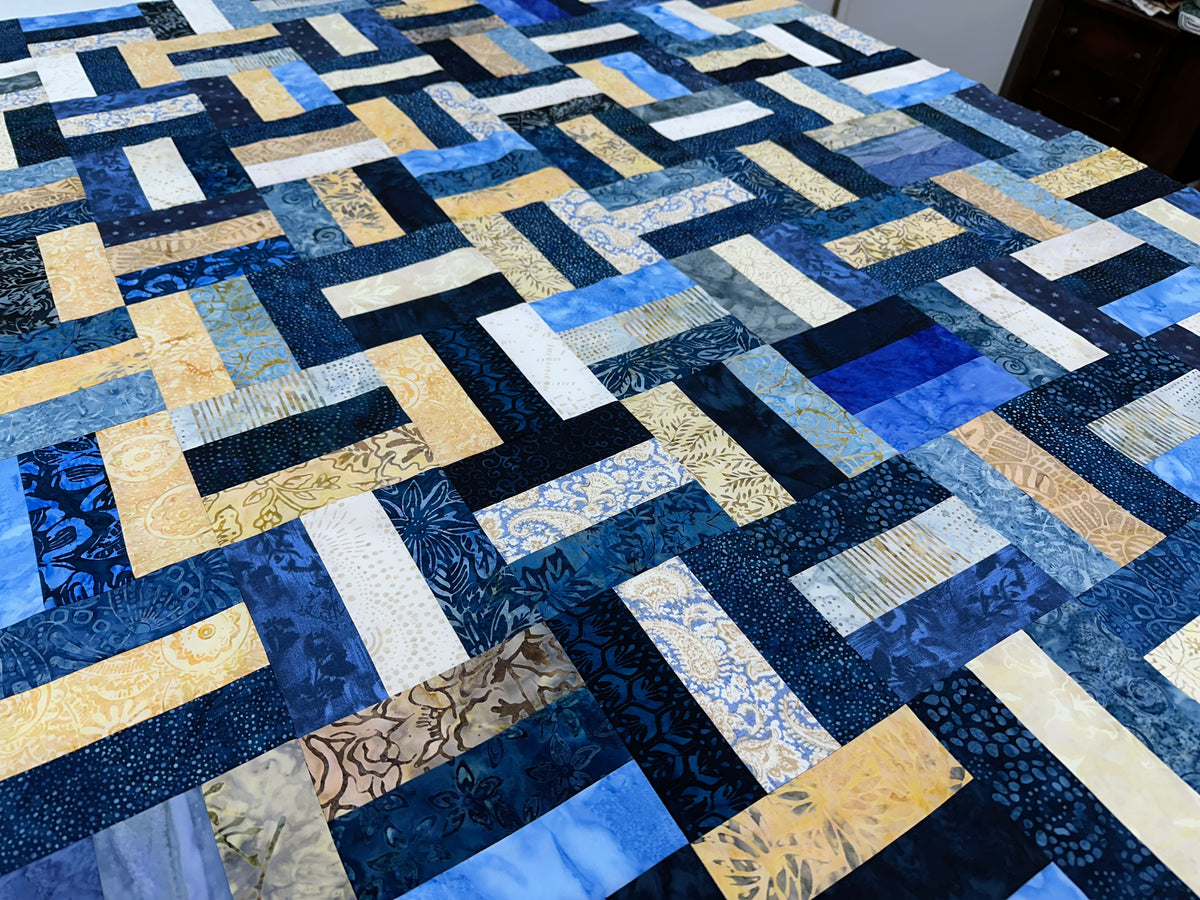 Blue Batik Unfinished Quilt Top, 48x60 Lap Quilt, Handmade Patchwork Sofa Throw