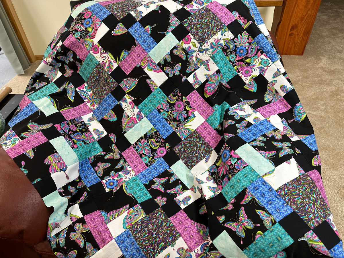 Handmade Floral Unfinished Quilt Top: Butterflies, Lap Quilt (45" x 58")