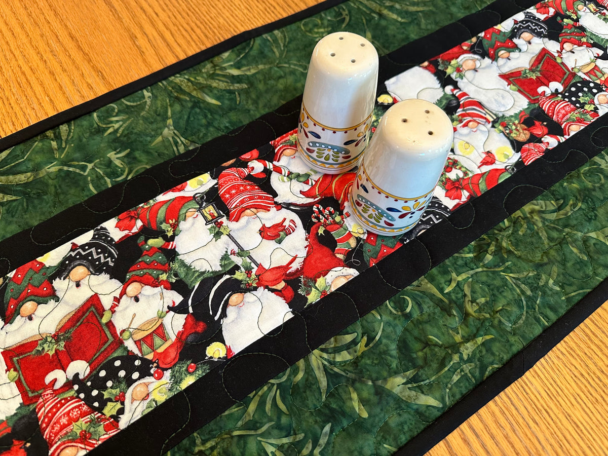 Christmas Gnomes Quilted Table Runner, Handmade Holiday Table Decor, 13x41