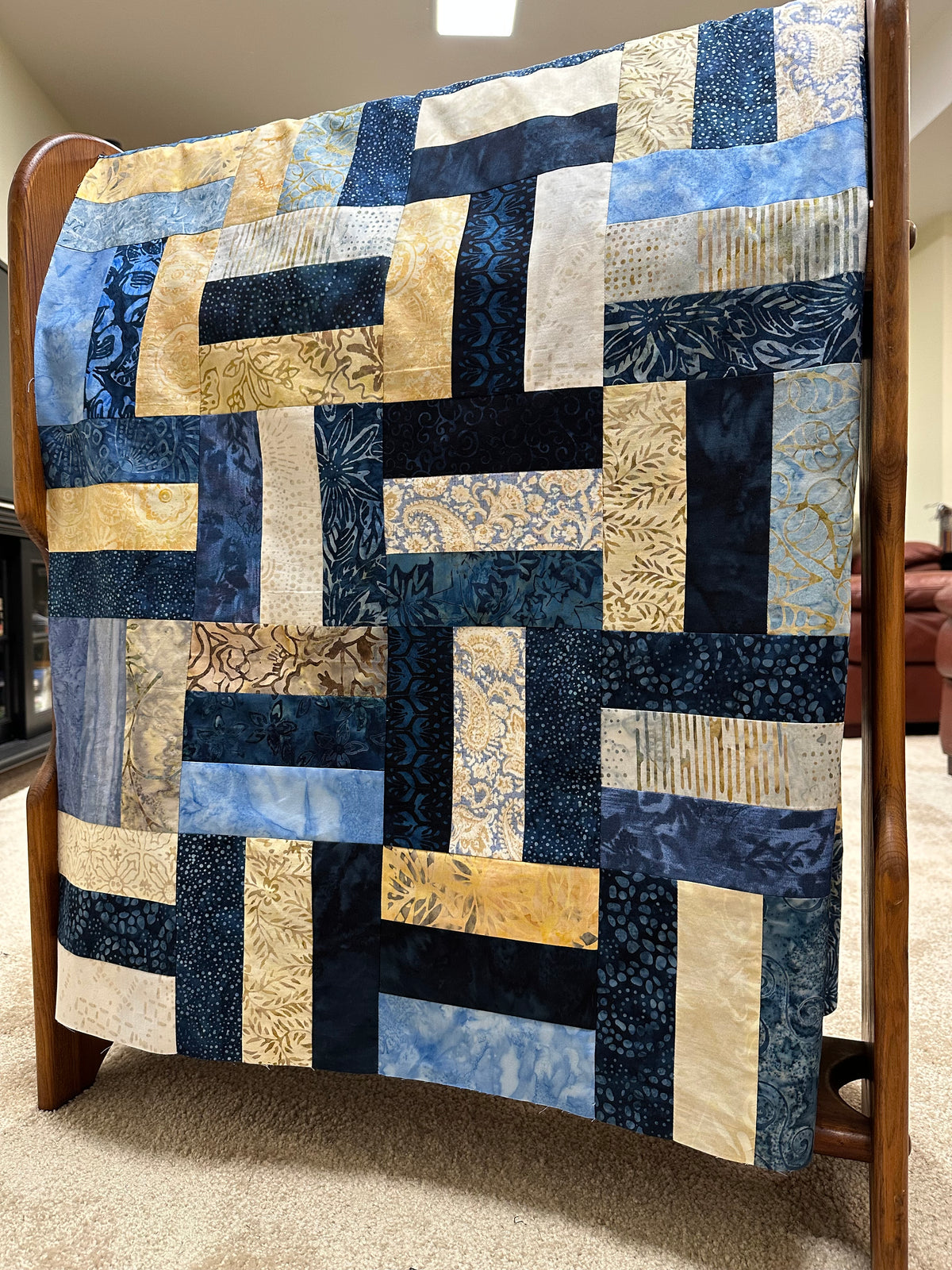 Blue Batik Unfinished Quilt Top, 48x60 Lap Quilt, Handmade Patchwork Sofa Throw