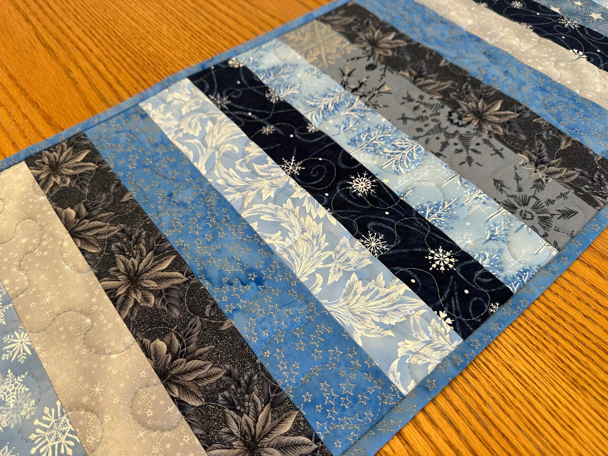 Blue Silver Snowflakes Winter Table Runner Quilted 13x40", Hanukkah Christmas