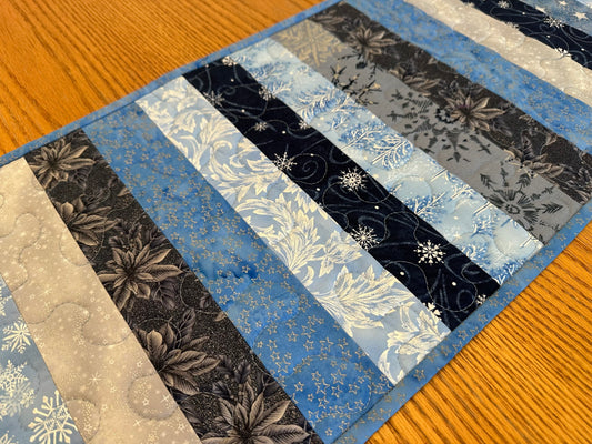 Blue Silver Snowflakes Winter Table Runner Quilted 13x40", Hanukkah Christmas