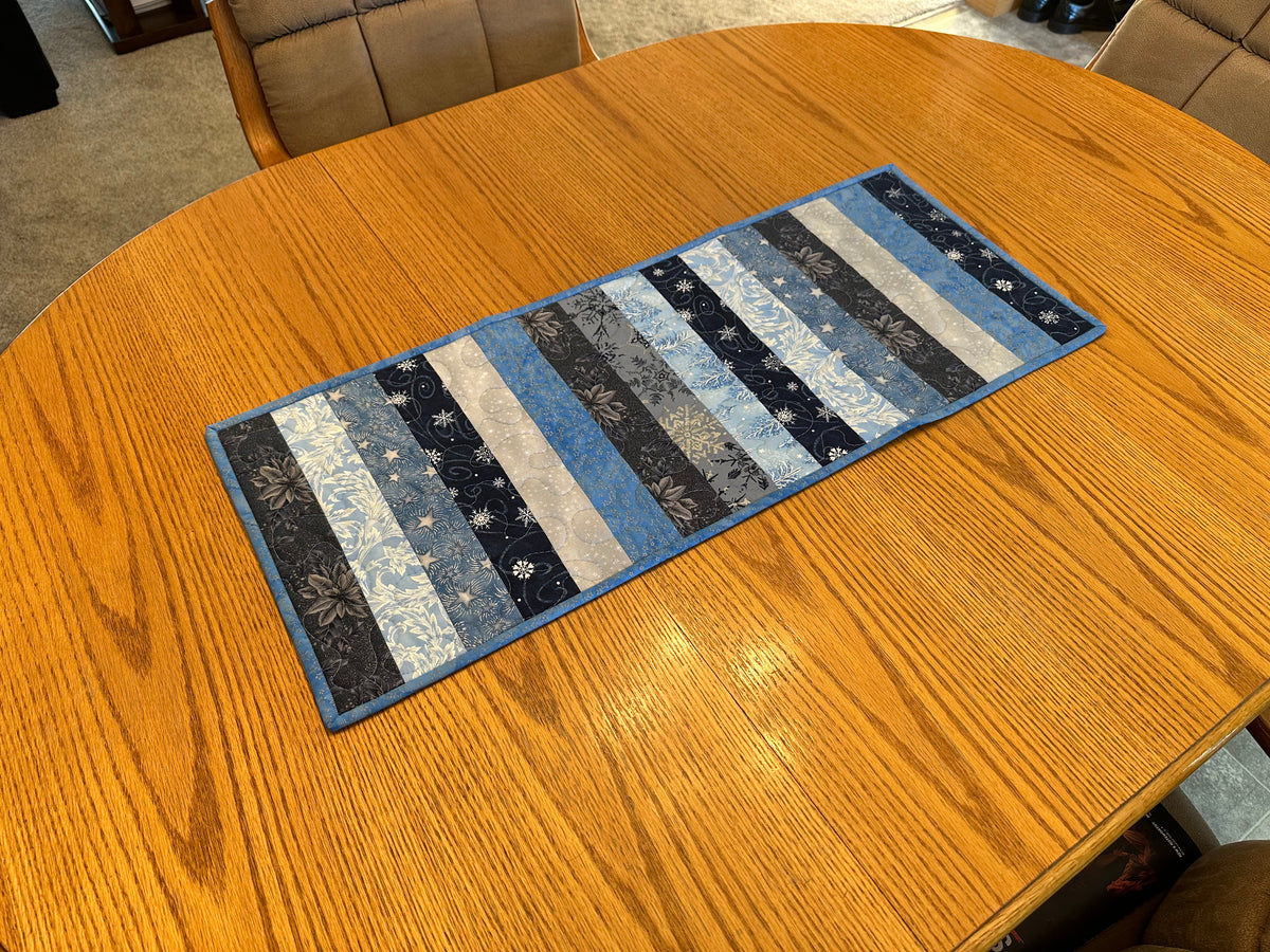 Blue Silver Snowflakes Winter Table Runner Quilted 13x32", Hanukkah Christmas