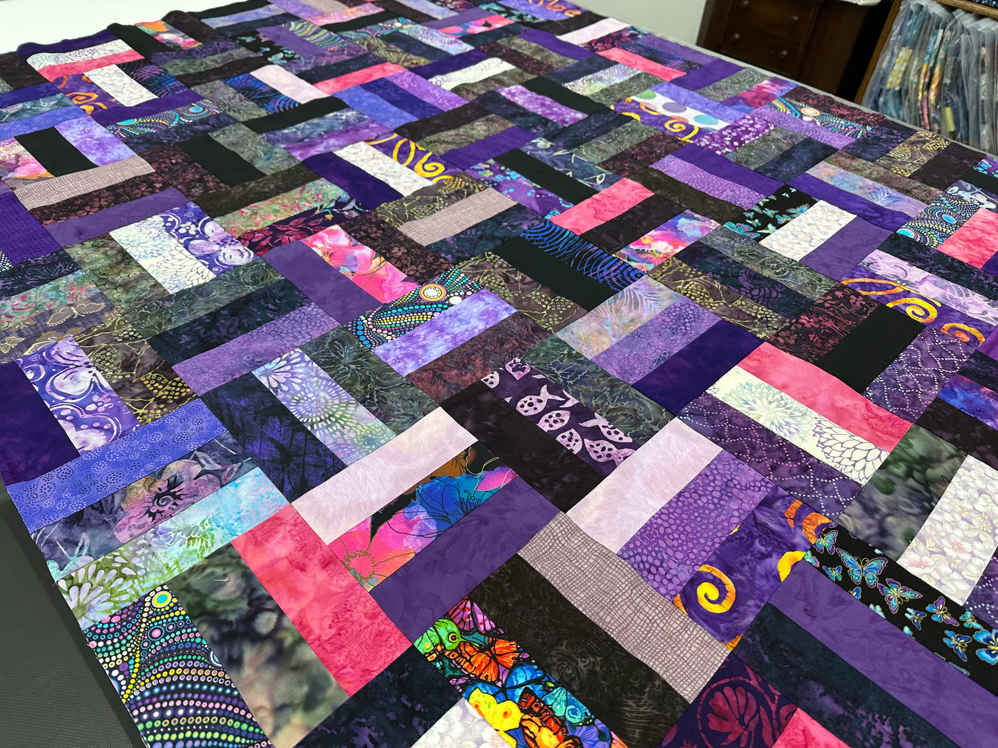 Handmade Purple & Pink Batik Quilt Top – 48"x60" Lap Throw Wall Quilt