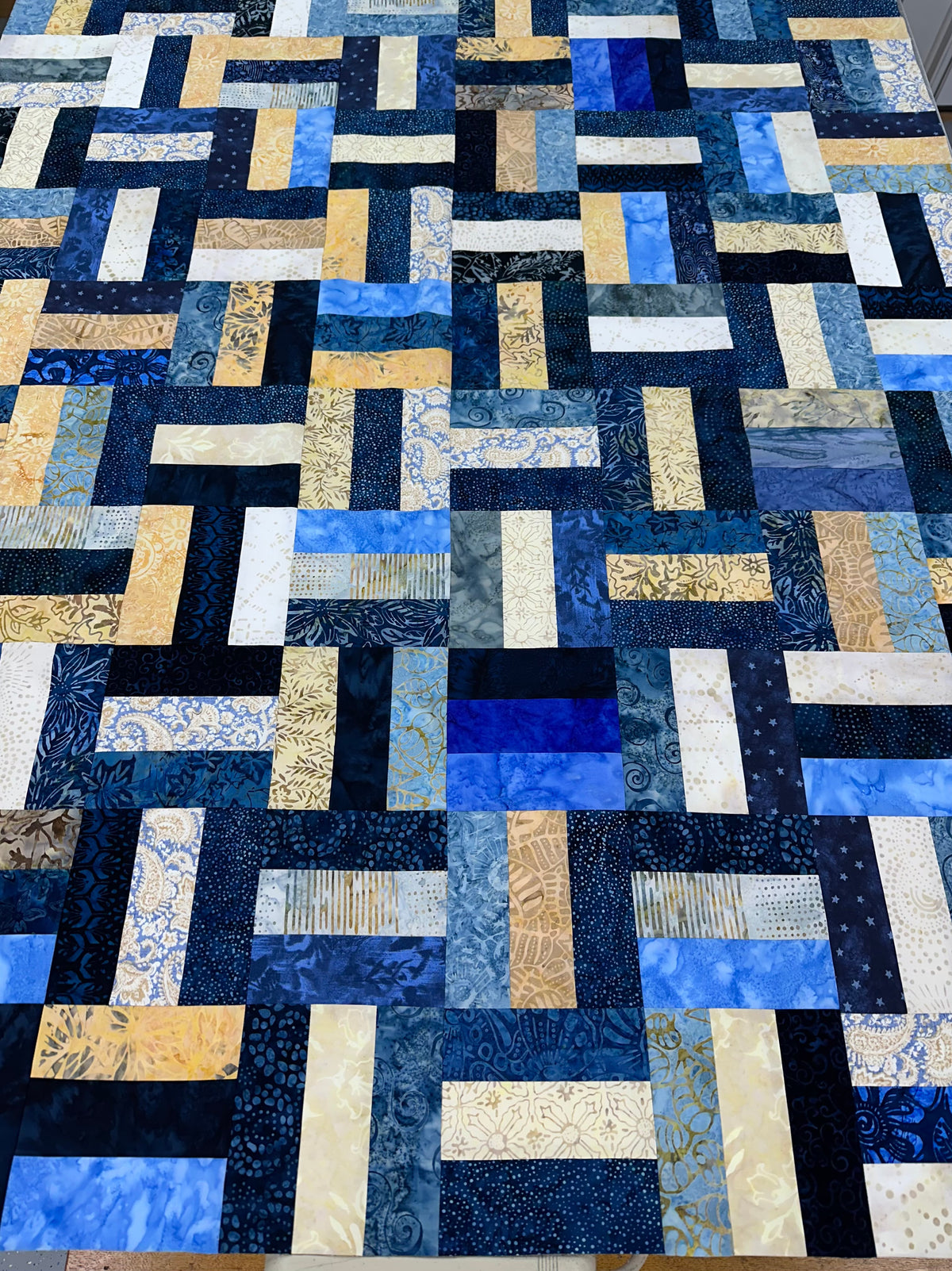 Blue Batik Unfinished Quilt Top, 48x60 Lap Quilt, Handmade Patchwork Sofa Throw