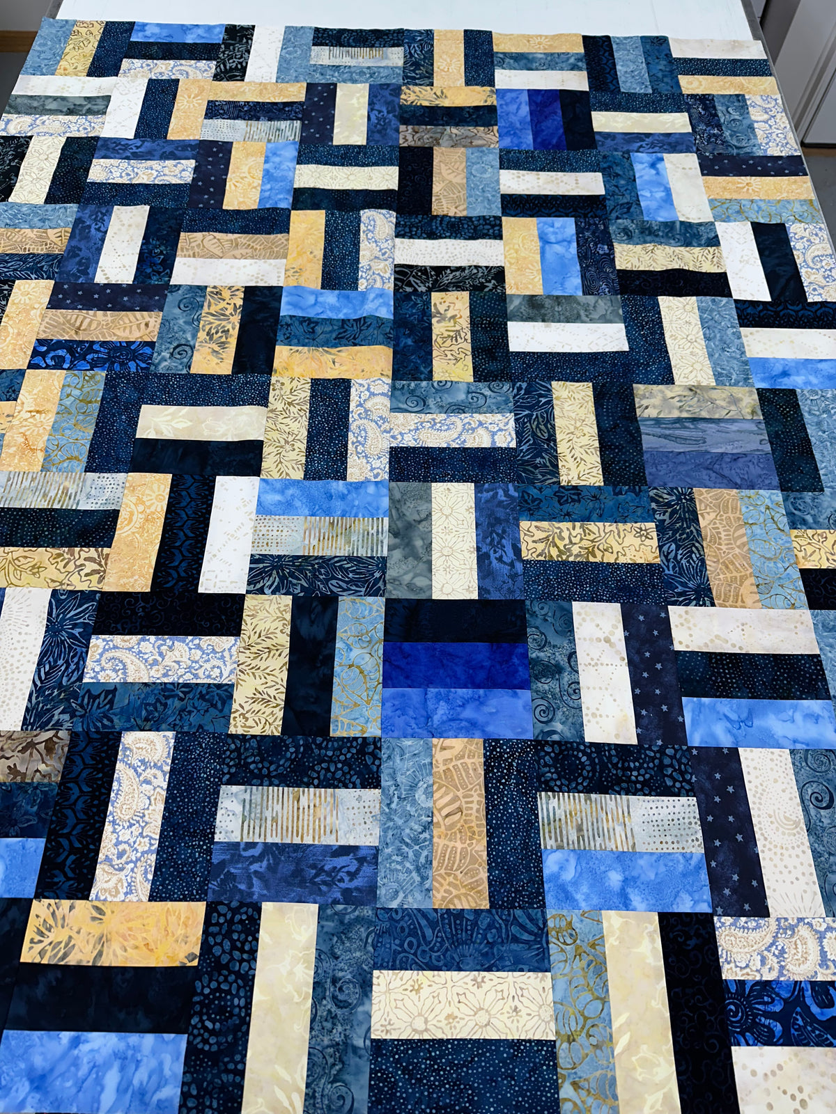 Blue Batik Unfinished Quilt Top, 48x60 Lap Quilt, Handmade Patchwork Sofa Throw