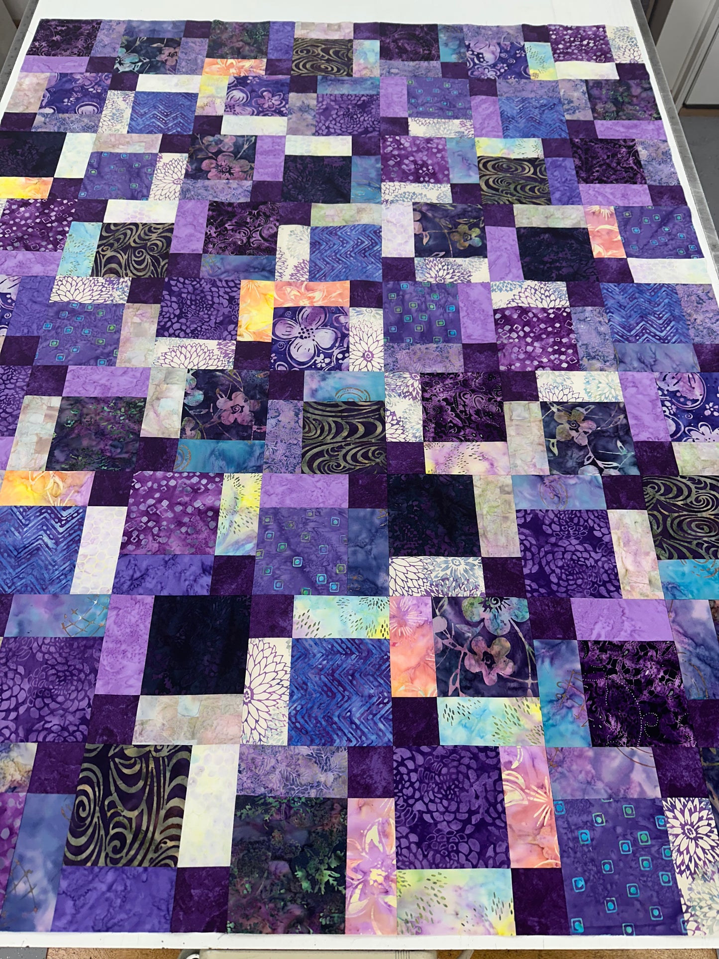 Handmade Purple Batik Unfinished Quilt Top, 45" x 58", Lap or Throw Quilt Size