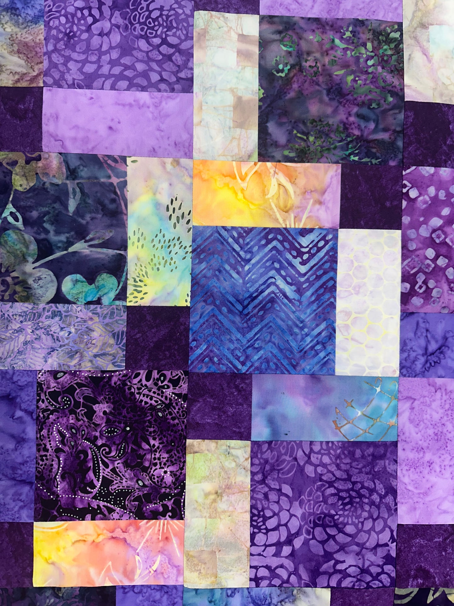 Handmade Purple Batik Unfinished Quilt Top, 45" x 58", Lap or Throw Quilt Size