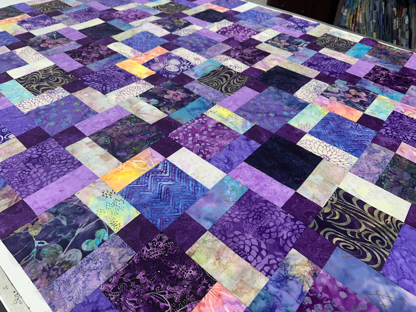 Handmade Purple Batik Unfinished Quilt Top, 45" x 58", Lap or Throw Quilt Size