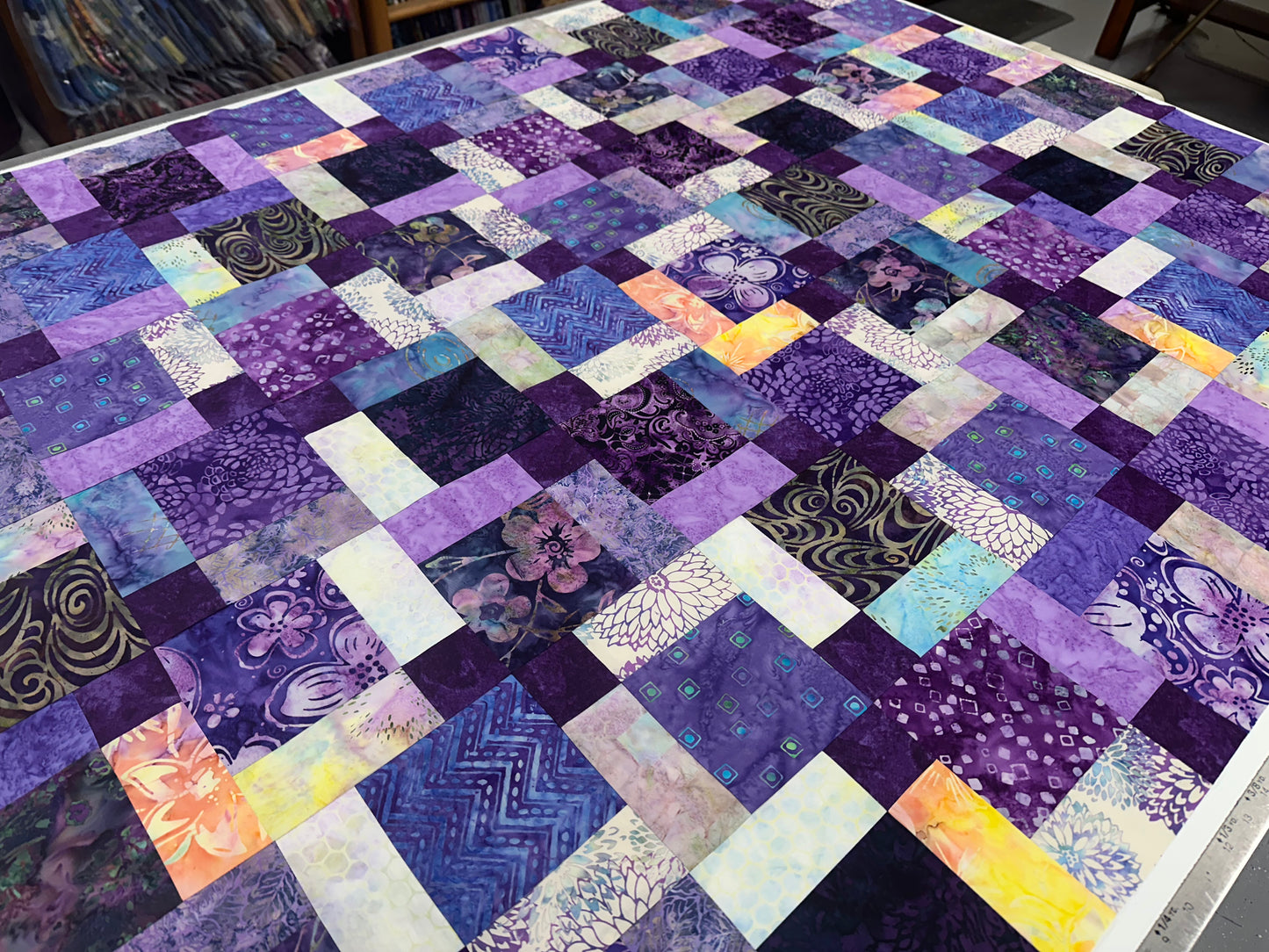 Handmade Purple Batik Unfinished Quilt Top, 45" x 58", Lap or Throw Quilt Size
