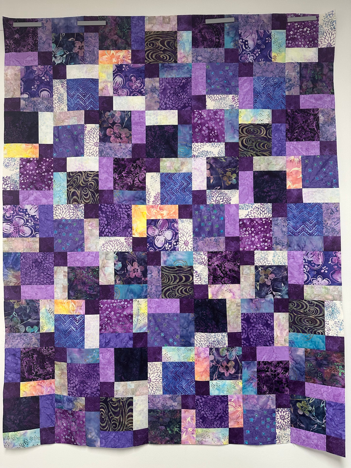 Handmade Purple Batik Unfinished Quilt Top, 45" x 58", Lap or Throw Quilt Size