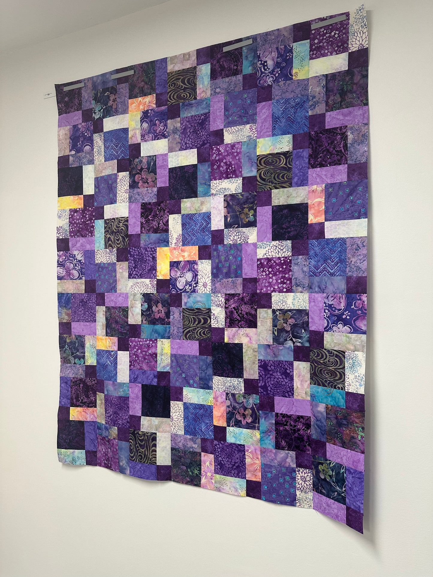 Handmade Purple Batik Unfinished Quilt Top, 45" x 58", Lap or Throw Quilt Size