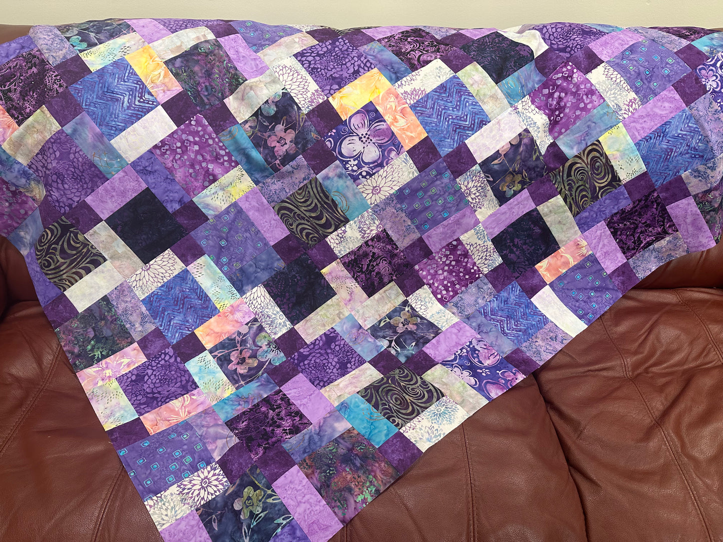 Handmade Purple Batik Unfinished Quilt Top, 45" x 58", Lap or Throw Quilt Size