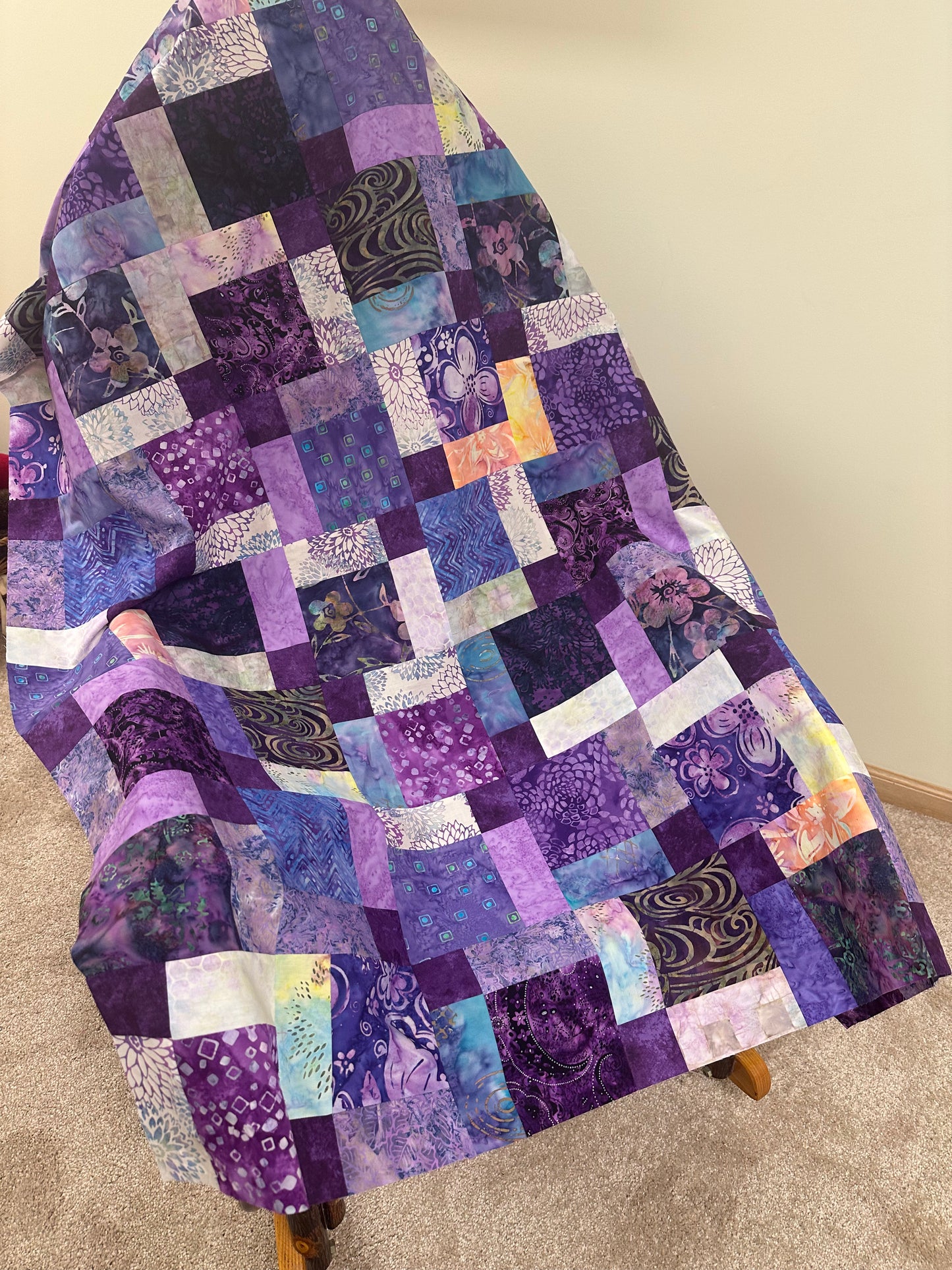 Handmade Purple Batik Unfinished Quilt Top, 45" x 58", Lap or Throw Quilt Size