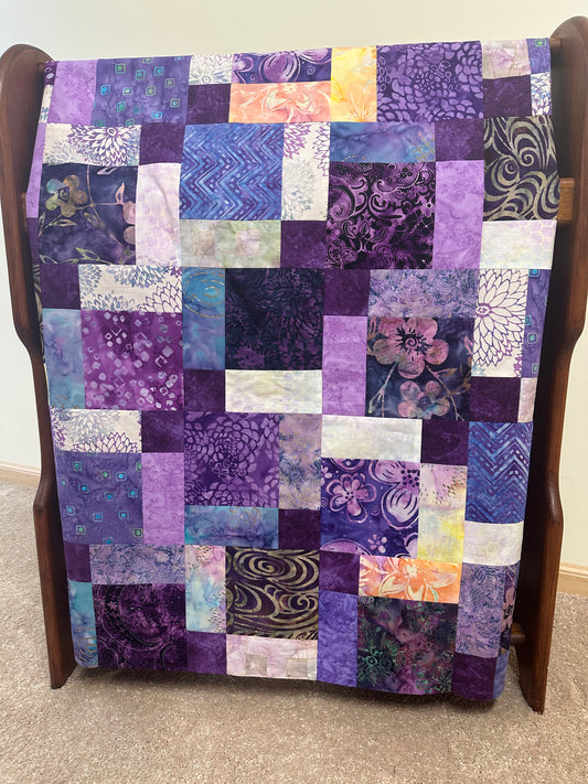 Handmade Purple Batik Unfinished Quilt Top, 45" x 58", Lap or Throw Quilt Size
