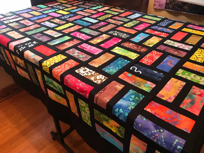 Unfinished Quilt Top With Bold Multi-Color Batiks, Lap Quilt, 57" x 68"