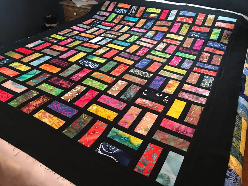 Unfinished Quilt Top With Bold Multi-Color Batiks, Lap Quilt, 57" x 68"