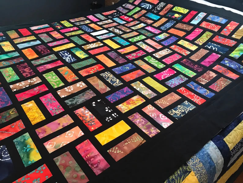 Unfinished Quilt Top With Bold Multi-Color Batiks, Lap Quilt, 57" x 68"
