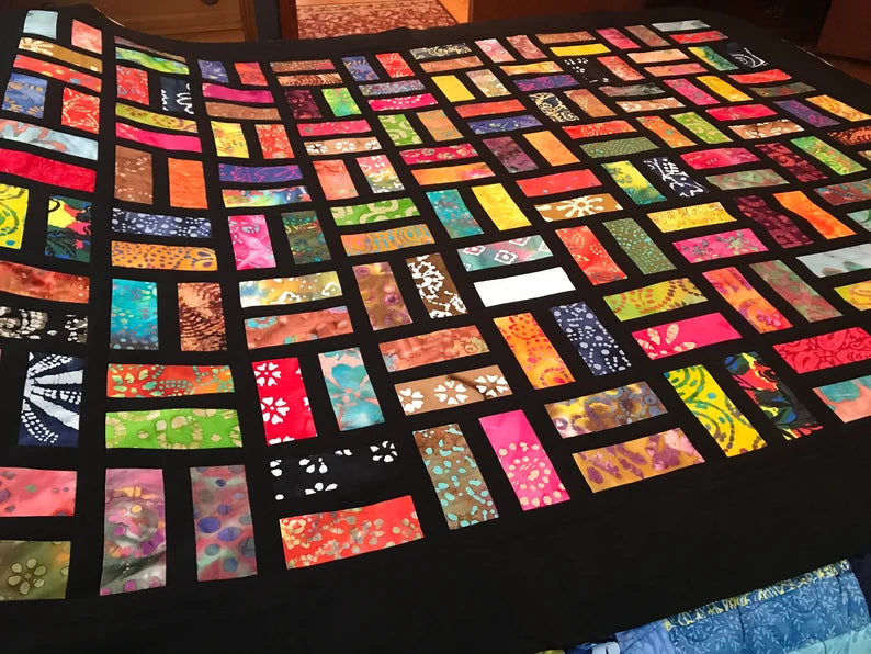 Unfinished Quilt Top With Bold Multi-Color Batiks, Lap Quilt, 57" x 68"