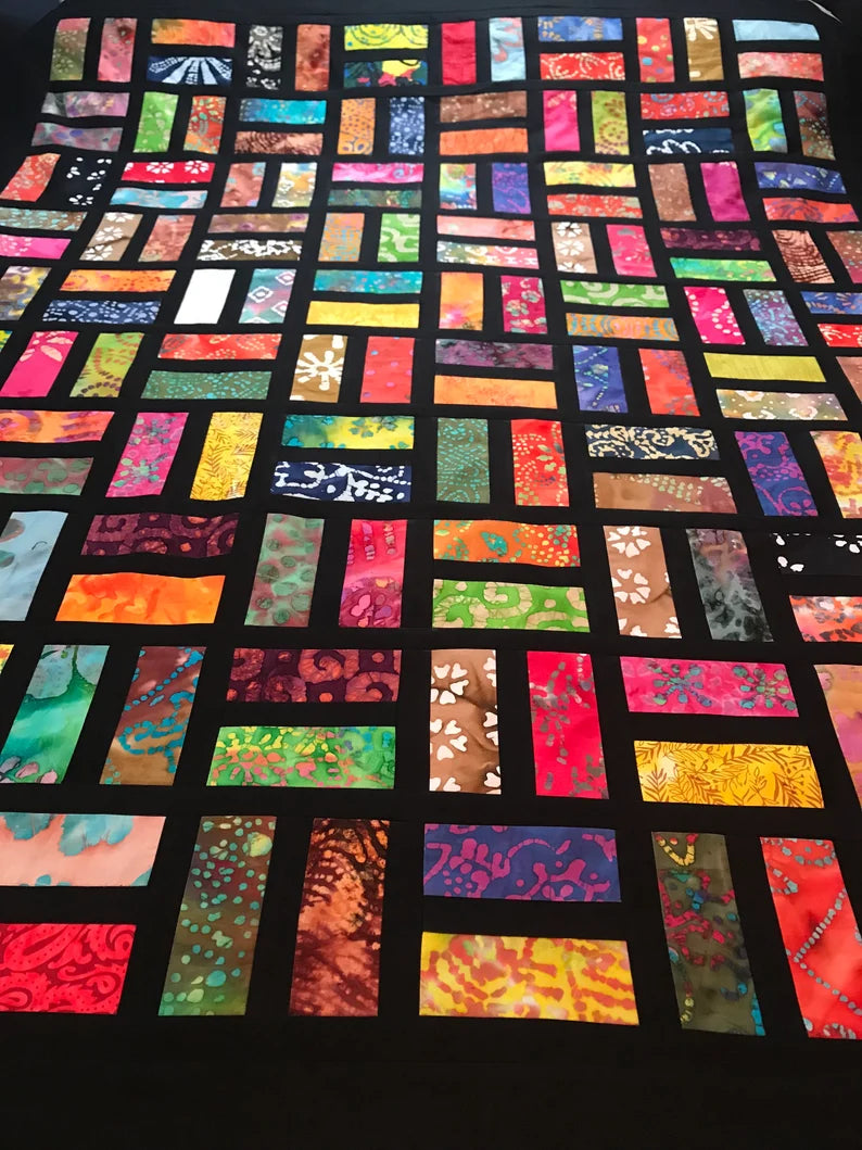 Unfinished Quilt Top With Bold Multi-Color Batiks, Lap Quilt, 57" x 68"