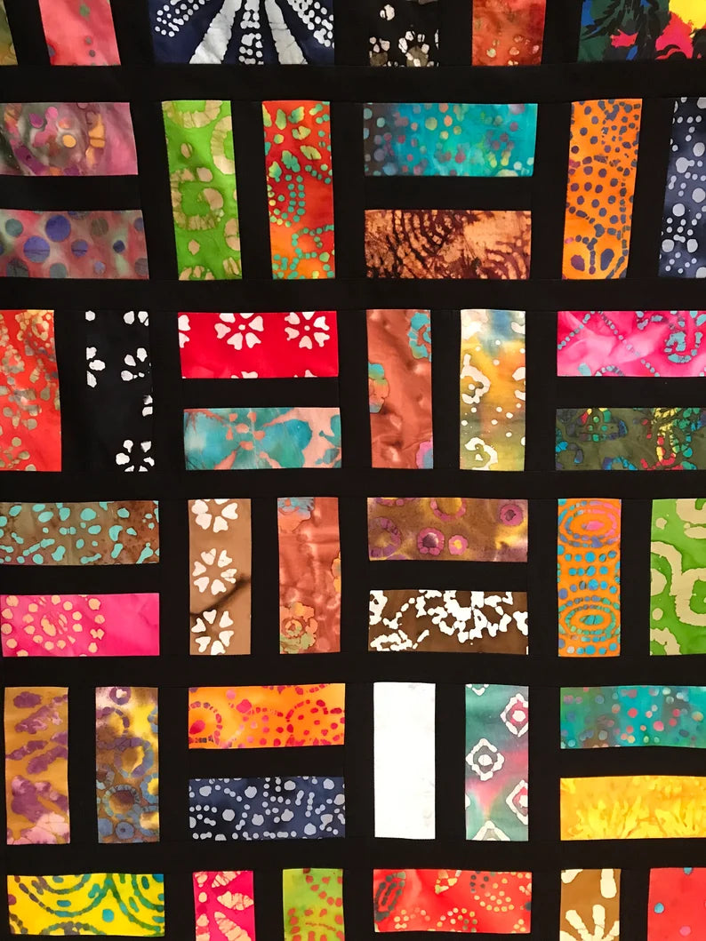 Unfinished Quilt Top With Bold Multi-Color Batiks, Lap Quilt, 57" x 68"