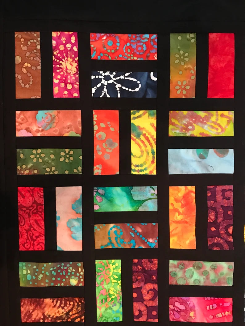 Unfinished Quilt Top With Bold Multi-Color Batiks, Lap Quilt, 57" x 68"