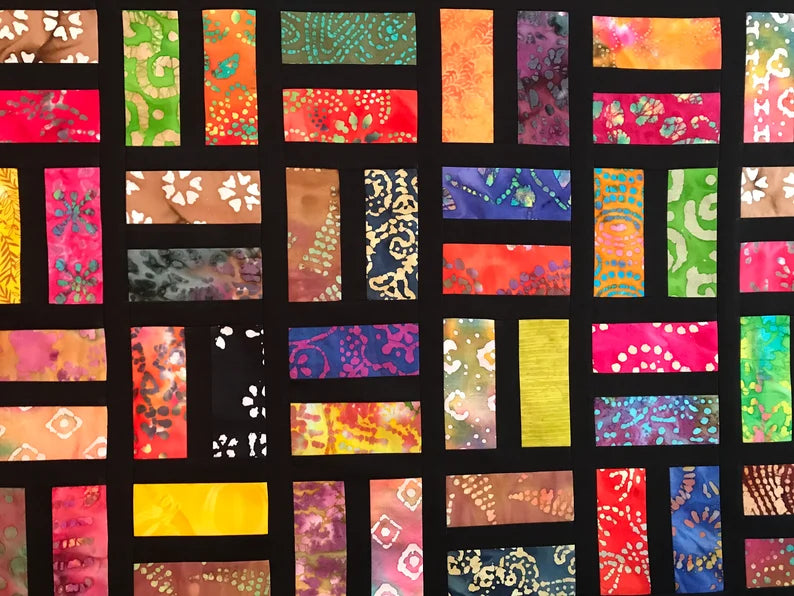 Unfinished Quilt Top With Bold Multi-Color Batiks, Lap Quilt, 57" x 68"