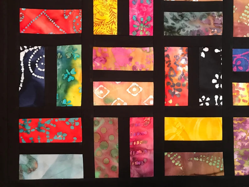 Unfinished Quilt Top With Bold Multi-Color Batiks, Lap Quilt, 57" x 68"
