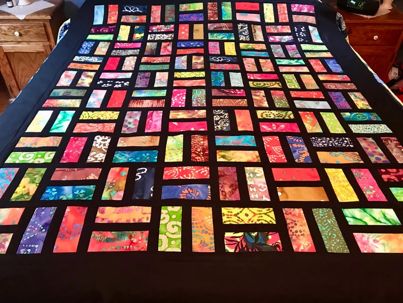Unfinished Quilt Top With Bold Multi-Color Batiks, Lap Quilt, 57" x 68"