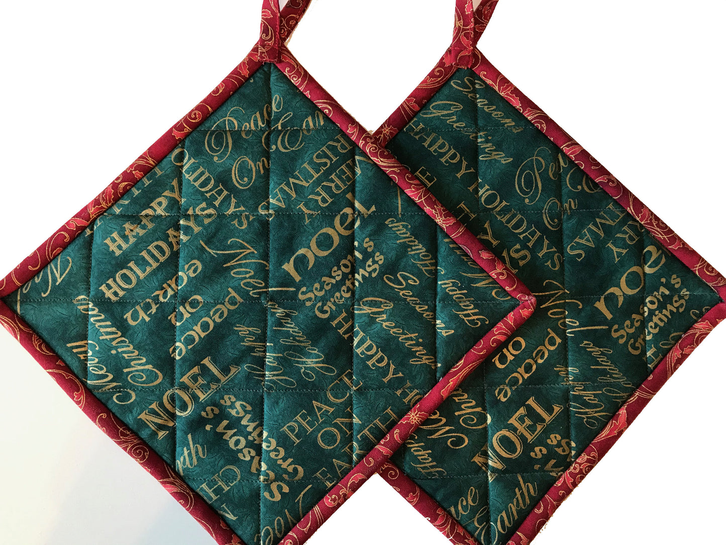 Christmas Quilted Pot Holders, Fabric Hot Pads, Set of 2