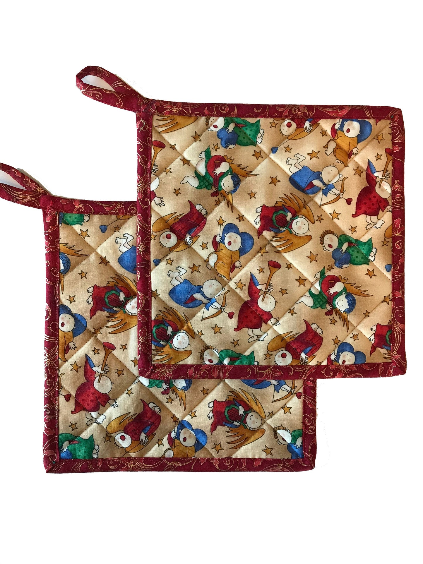 Christmas Quilted Pot Holders, Fabric Hot Pads, Set of 2