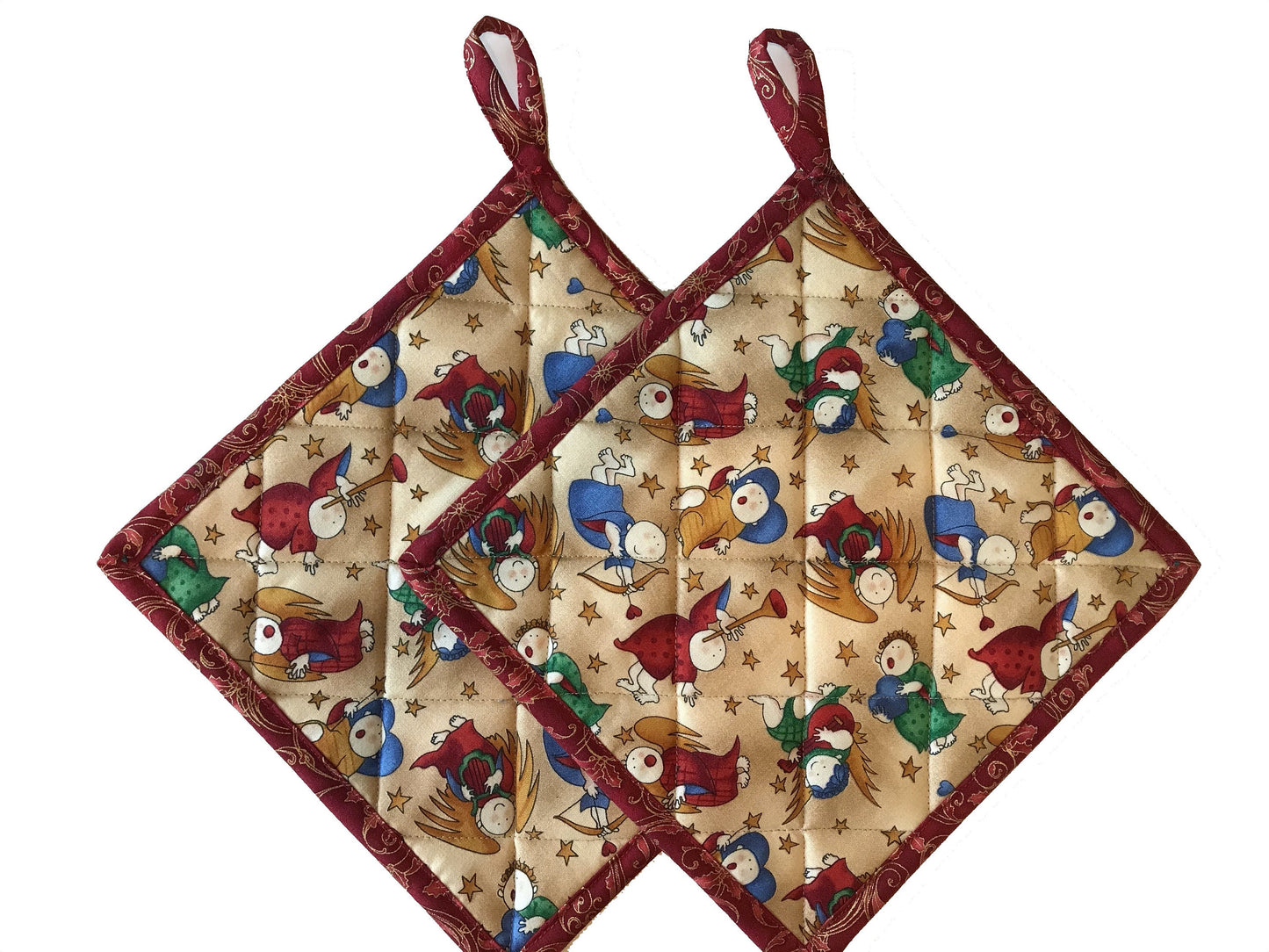 Christmas Quilted Pot Holders, Fabric Hot Pads, Set of 2